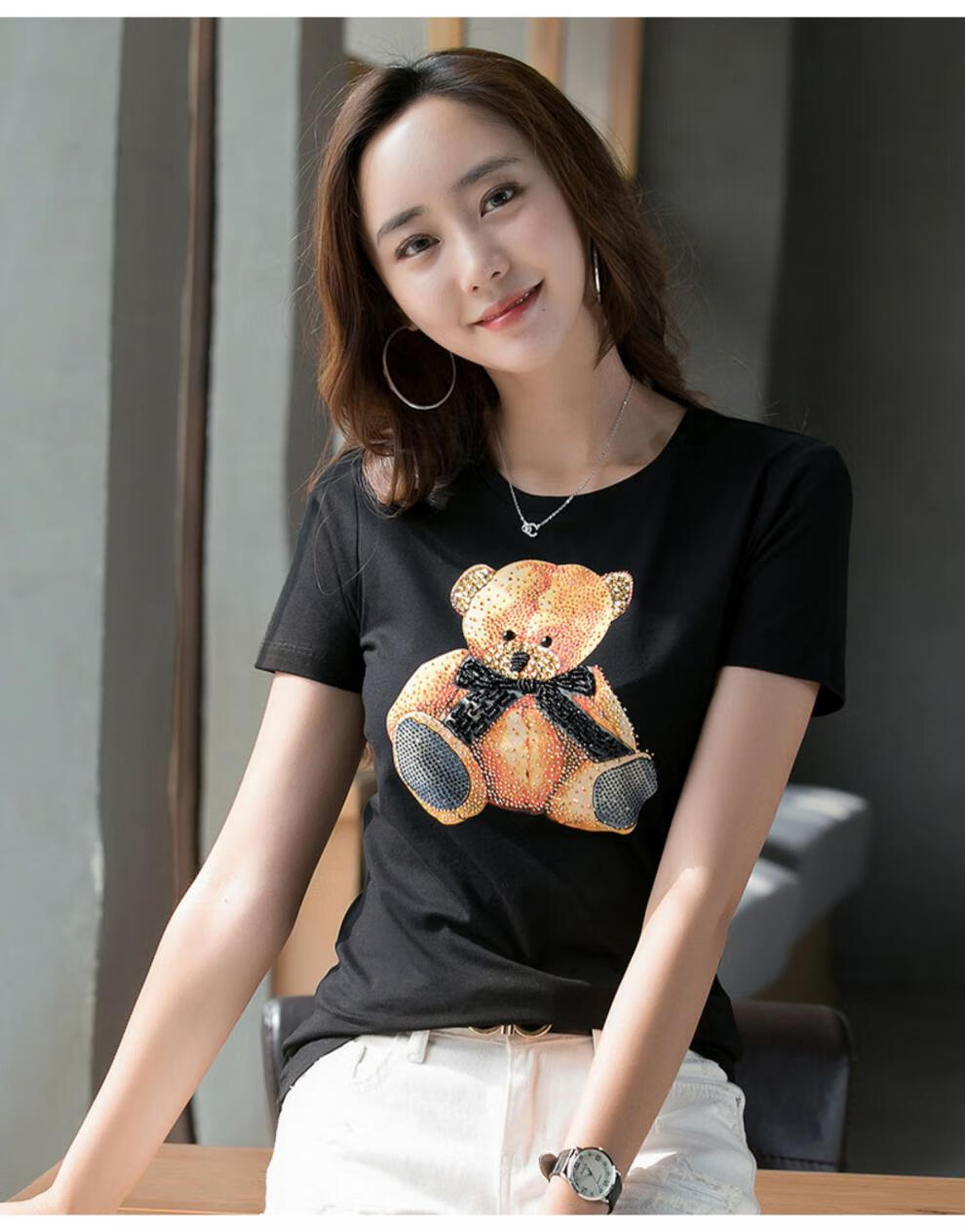 新夏天丅血上衣小熊图案t恤女短袖洋气时尚修身半袖体桖棉带水钻女装