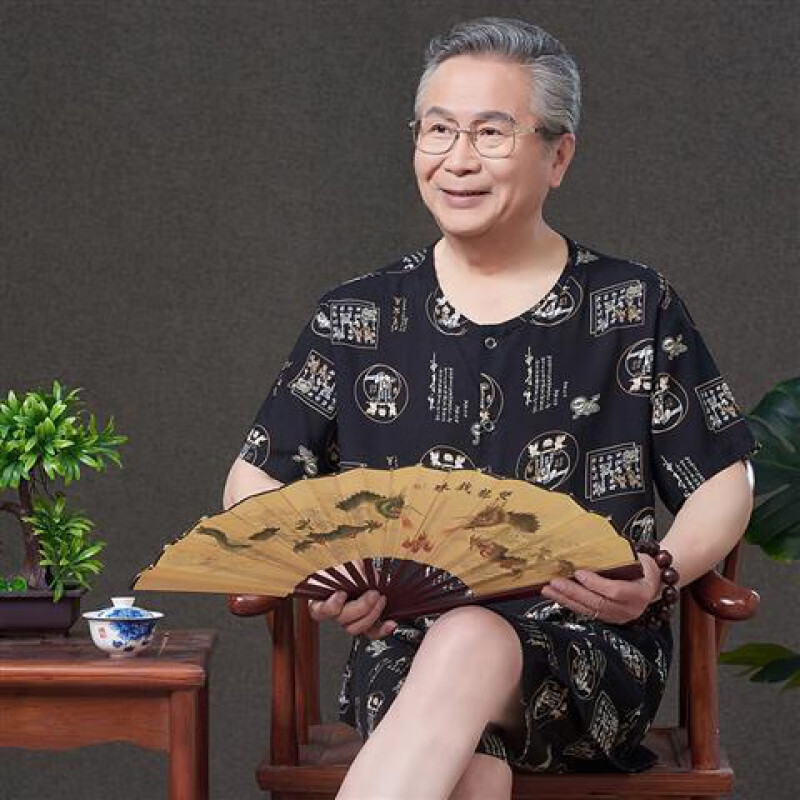 中老年人棉绸睡衣男扣子开衫60岁70爸爸夏季绵绸套装短袖家居服薄