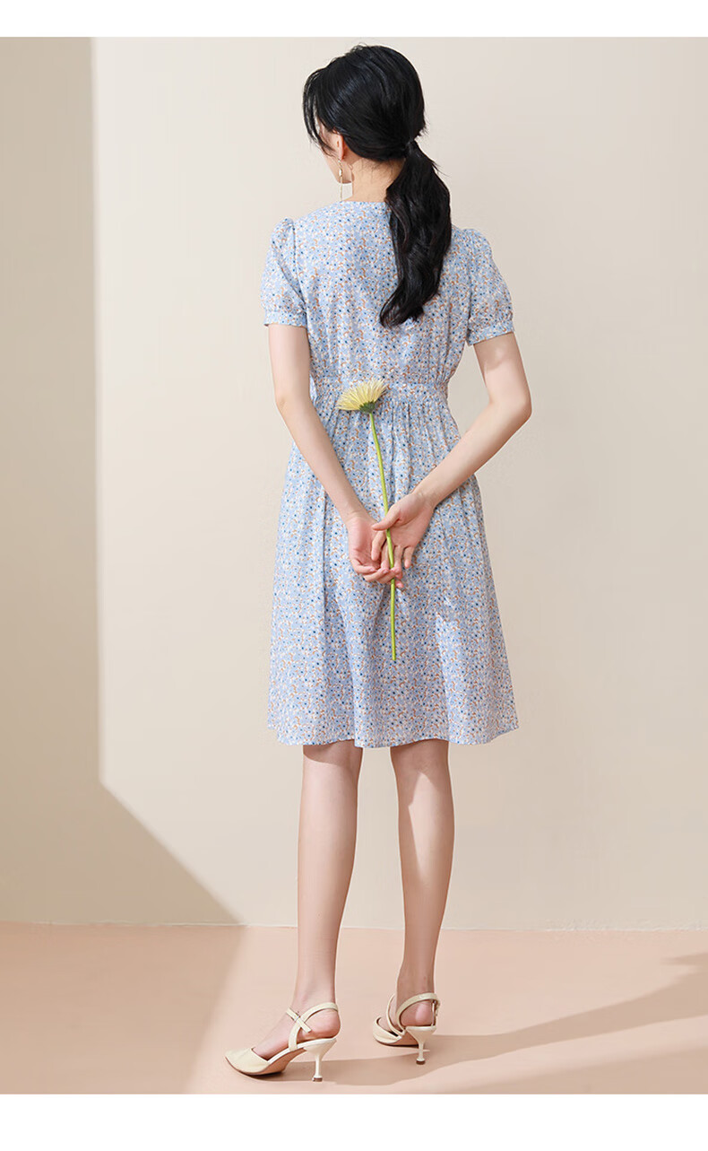 熙然夏装新款v领碎花雪纺连衣裙收腰休闲泡泡短袖中长款a字裙粉底彩花