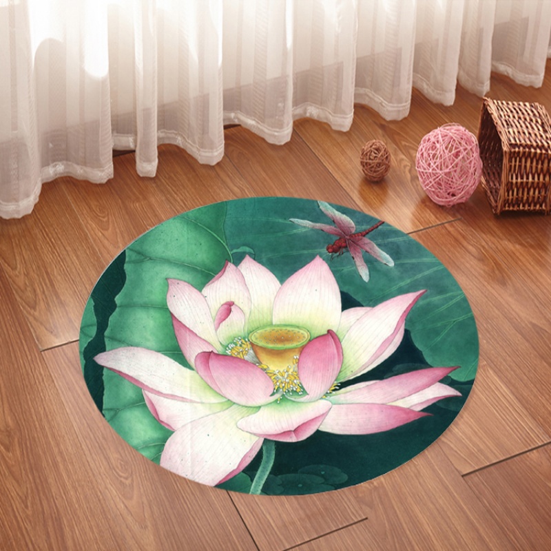 熊诺茗 3d印花圆形地毯荷花莲花中式地水洗茶室红木搭配电脑椅垫跪拜