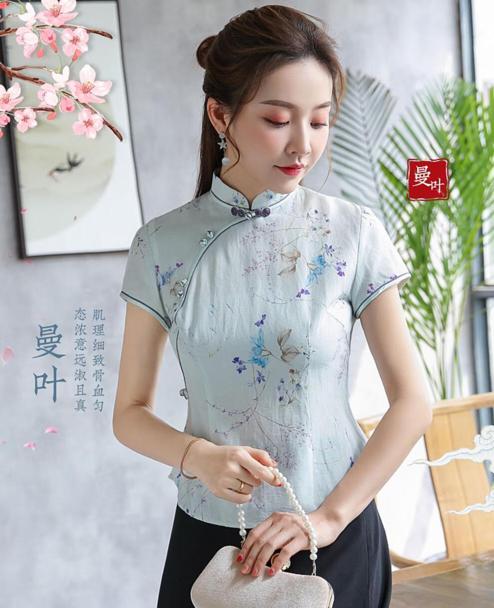 秀观唐曼叶2020夏季新款改良人棉古典定位印花短款中国风旗袍上衣 浅