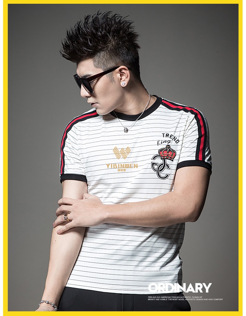 缤雯 条纹t恤短袖男 2020夏季海魂衫圆领刺绣上衣男士半袖潮 黑色 xl