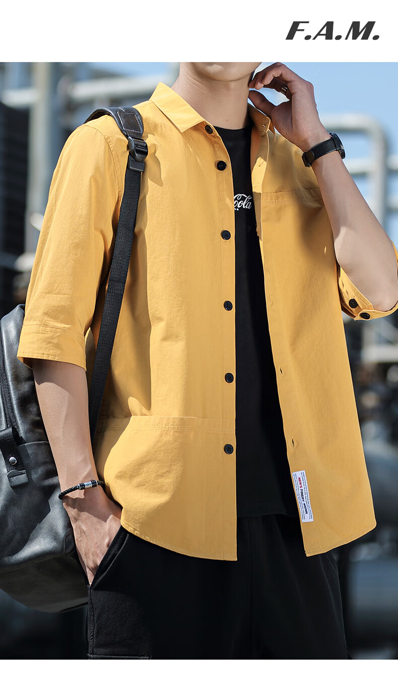 星加颖服装商行 工装风潮男夏季 七分袖男士衬衫 豆绿色 军绿色 170