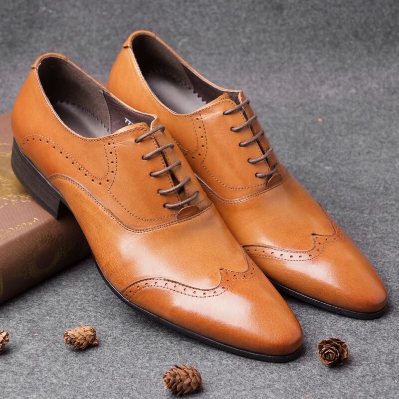 欧版头层牛皮布洛克金利·来同款尖头男鞋英伦真皮商务正装甩尖子皮鞋