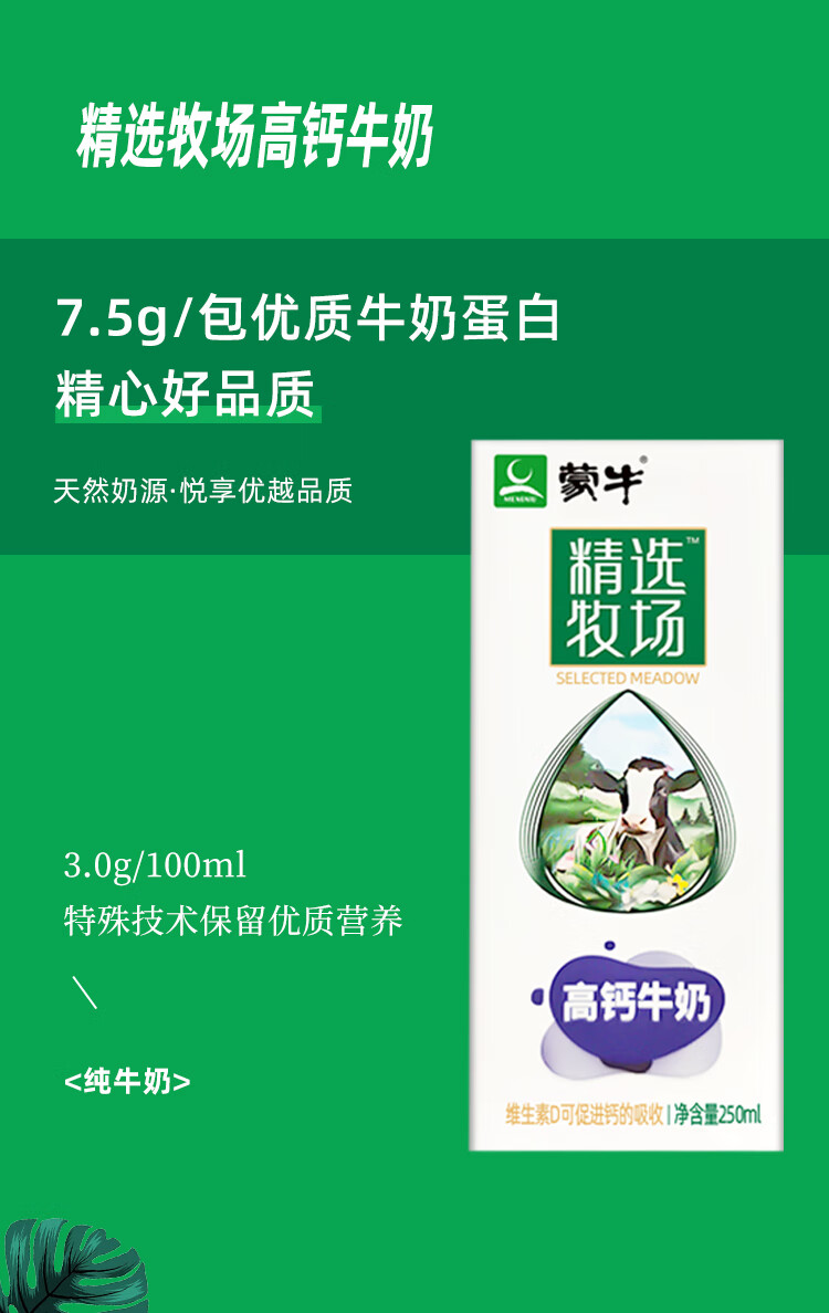 1月产蒙牛精选牧场纯牛奶250ml10盒牛奶tk10盒