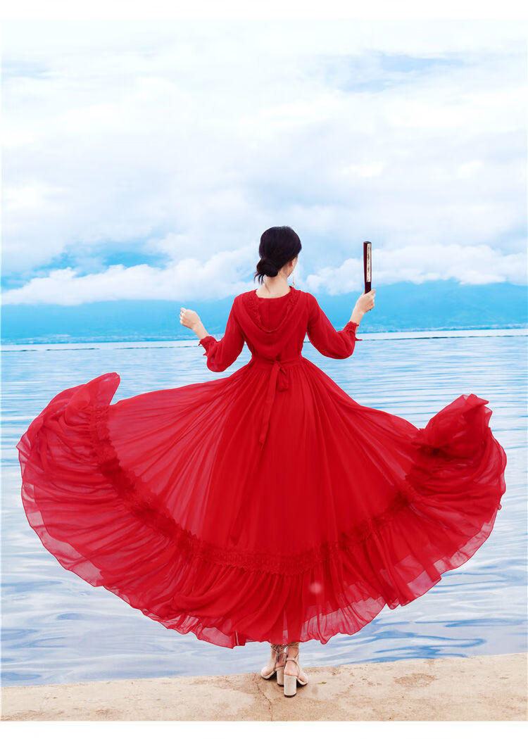 茶卡盐湖旅拍长裙新款仙女红色雪纺连衣裙连帽度假沙滩裙大摆长裙白色