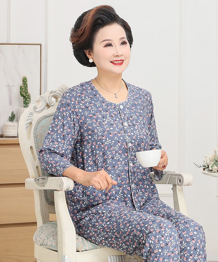 达丽莱奶奶夏季棉绸套装扣子开衫中老年人妈妈60岁70老人绵绸睡衣可外