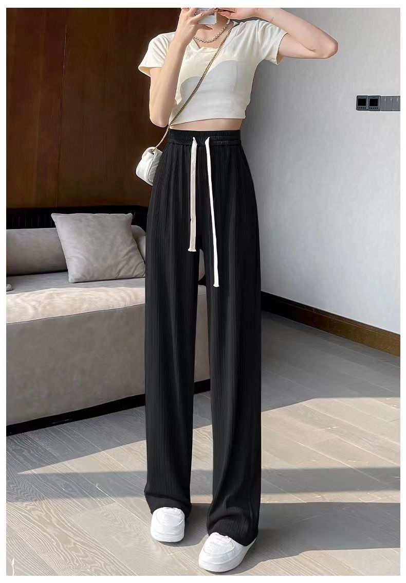 阔腿裤女夏季薄款高腰显瘦休闲裤学生宽松垂坠感长裤黑色高个有口袋m