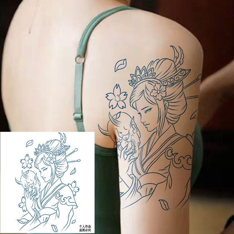 乾裳新品艺纹身贴割线艺伎落泪艺伎线条艺伎防水男女社会纹身贴半臂