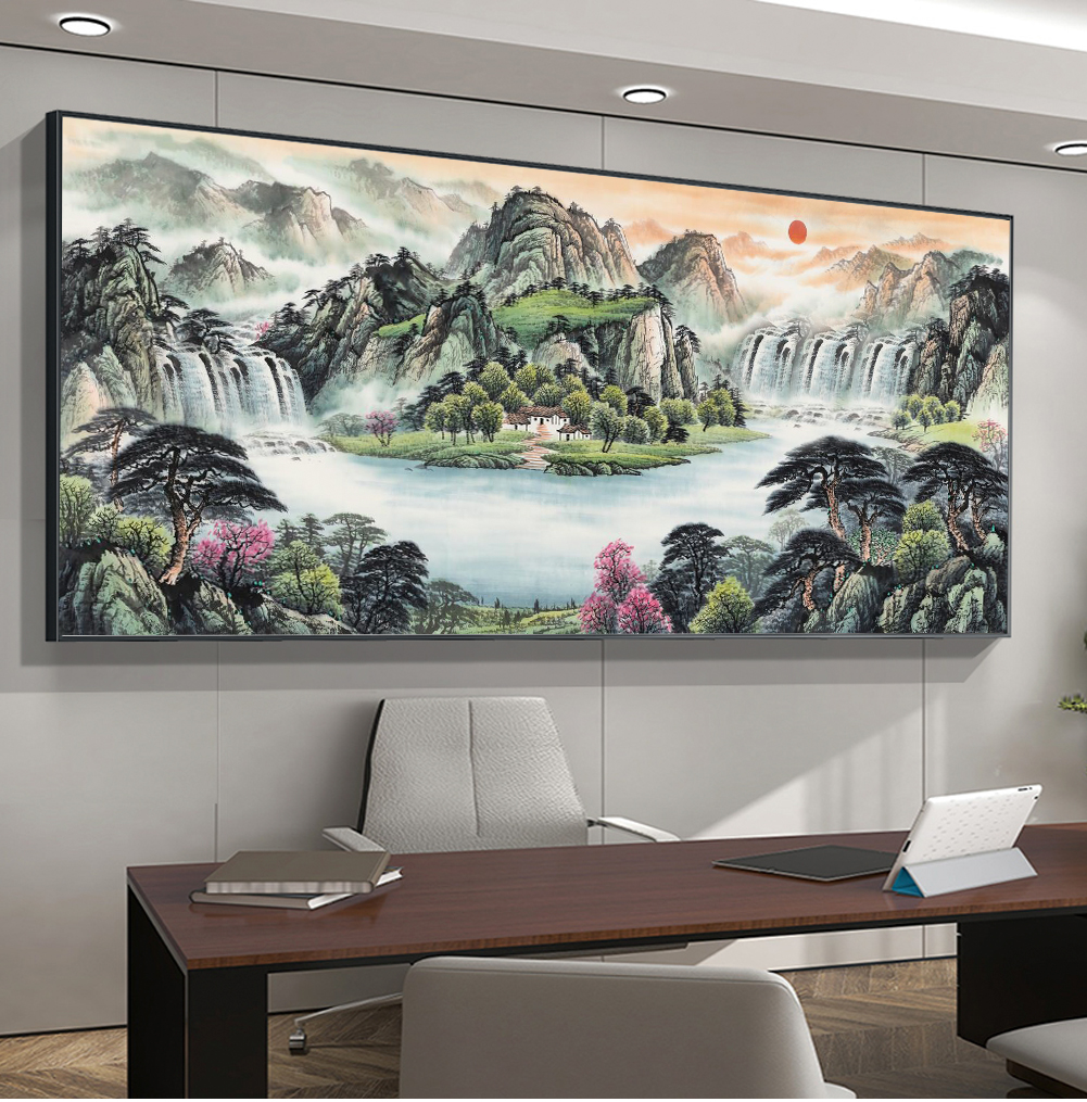 旭日东升聚宝盆办公室字画装饰风景山水客厅挂画国画沙发背景墙画