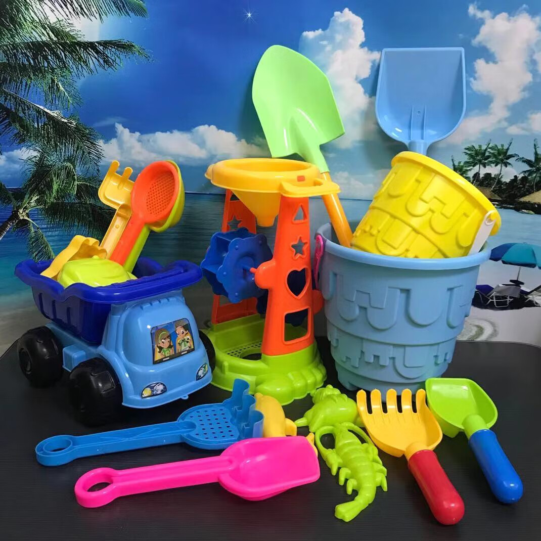 儿童沙滩玩具套装铲子和桶宝宝戏水玩沙挖沙工具水动力风车大沙漏粉色