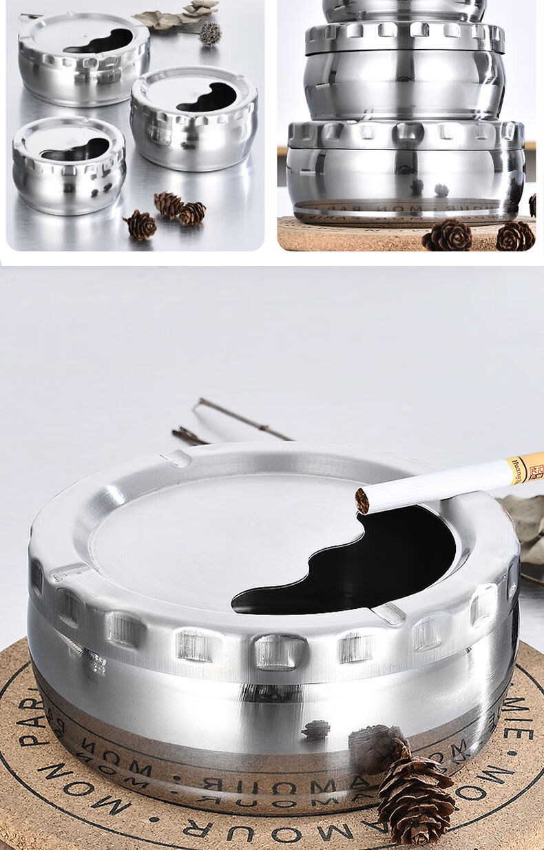 不锈钢烟灰缸家用客厅创意烟缸带盖防风密封烟缸灭烟缸 【升级加厚款