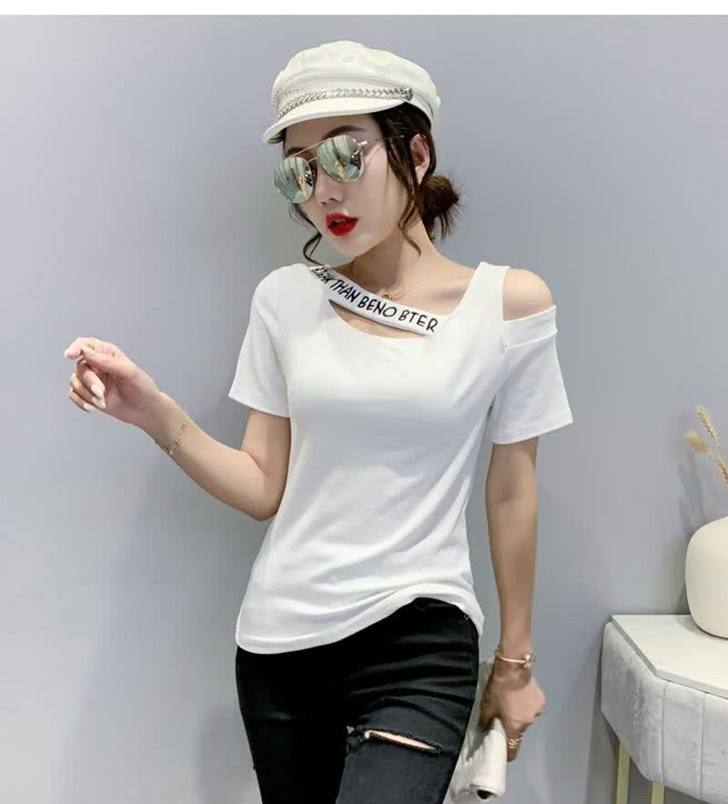 山东青岛即墨广州产地性感露肩t恤女短袖2022年夏季新款不规则镂空