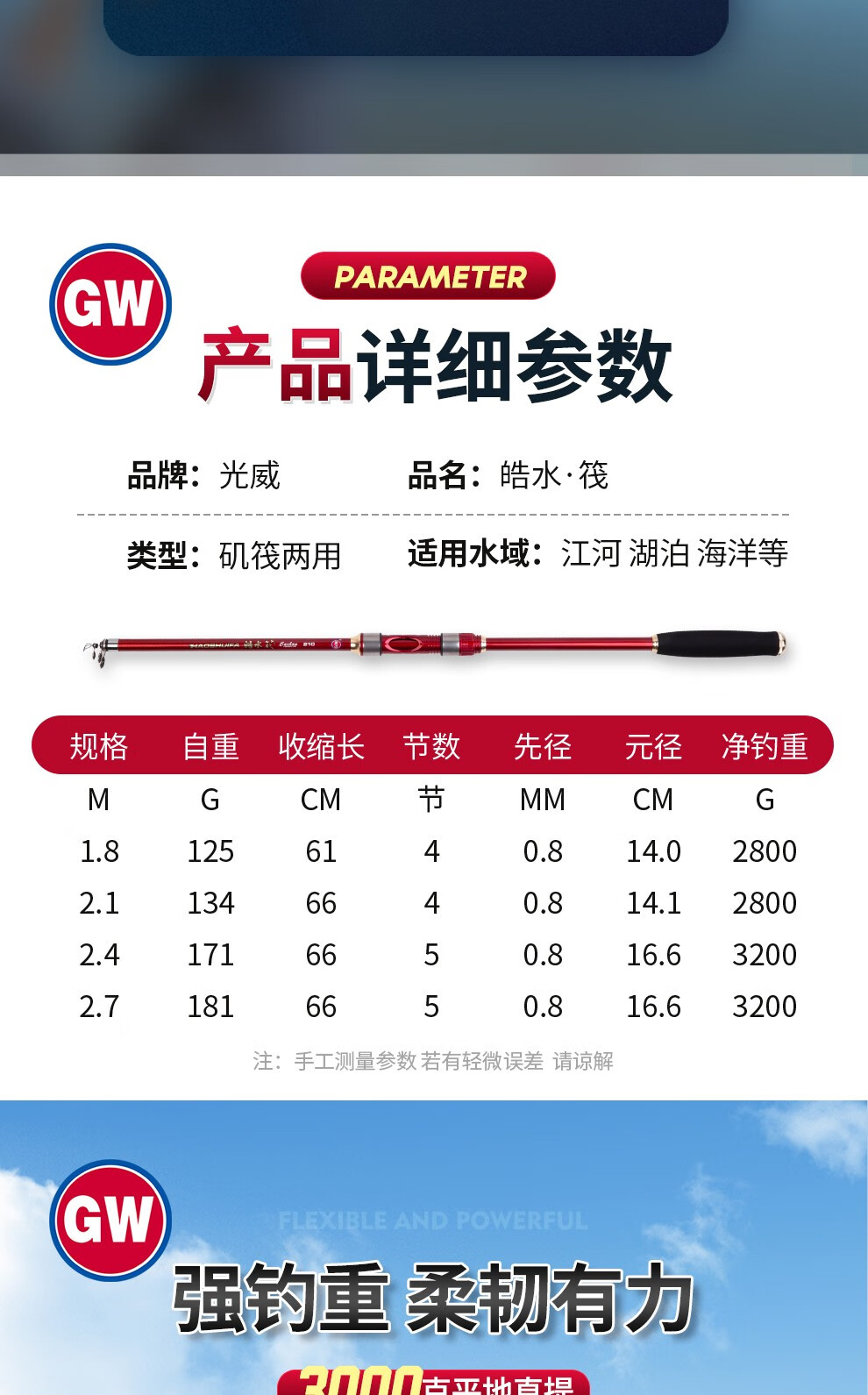 光威皓水筏竿钓鱼竿新款筏竿船钓竿软稍碳素伐竿2118米微铅阀竿官方店