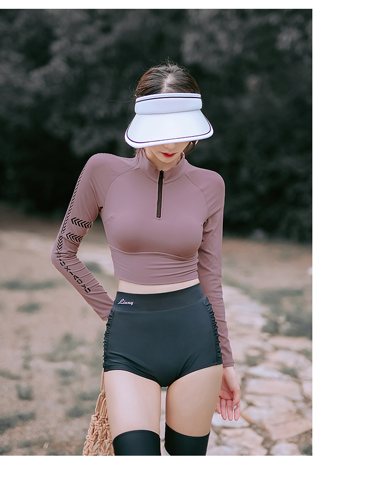 柯帛长袖分体泳衣女运动保守2022年新款泡温泉纯欲网红ins风泳装 灰