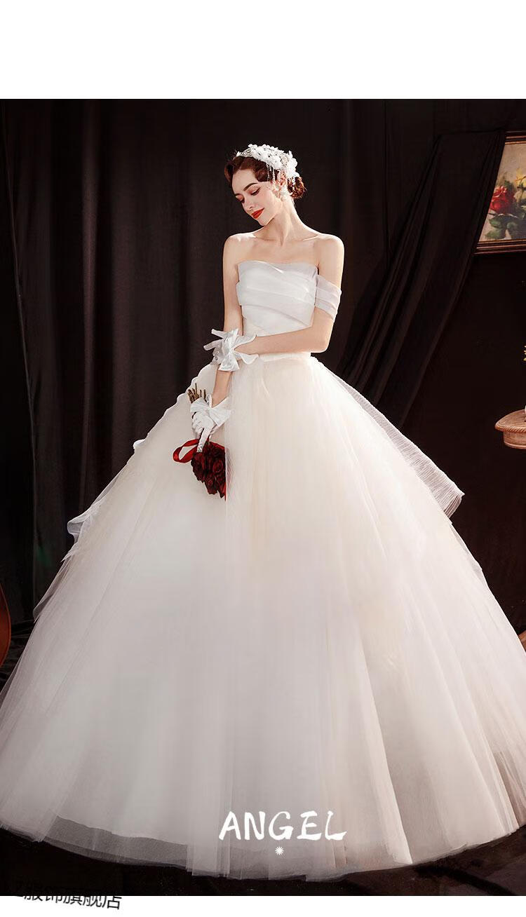 流芷【拍婚纱照】缎面婚纱齐地优雅性感时髦式香槟色抹胸单肩公主新娘