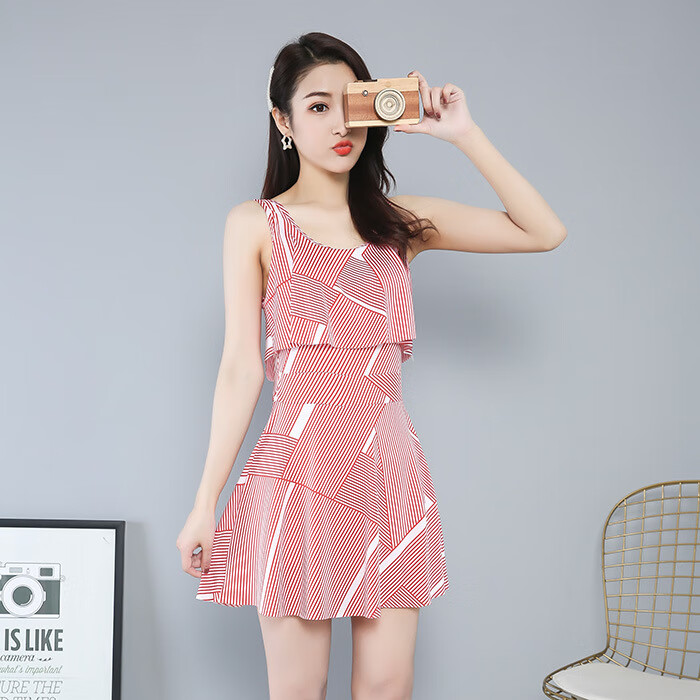 呓寻裙式连体泳衣女韩版显瘦斜纹露背保守温泉泳装遮肚防晒游泳女装