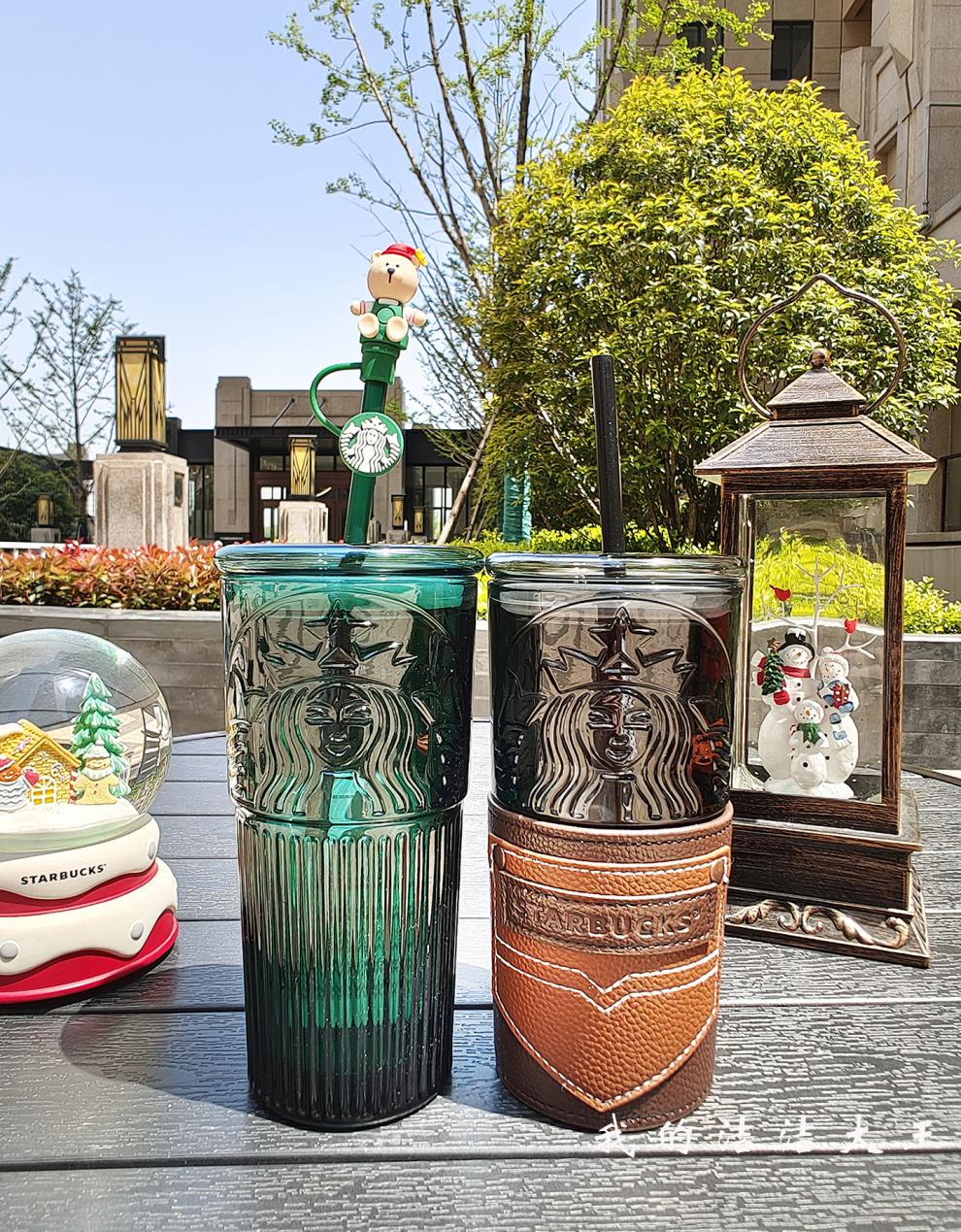 星巴克starbucks杯子吸管杯十周年纪念款玻璃杯随行杯墨绿色吸管杯550