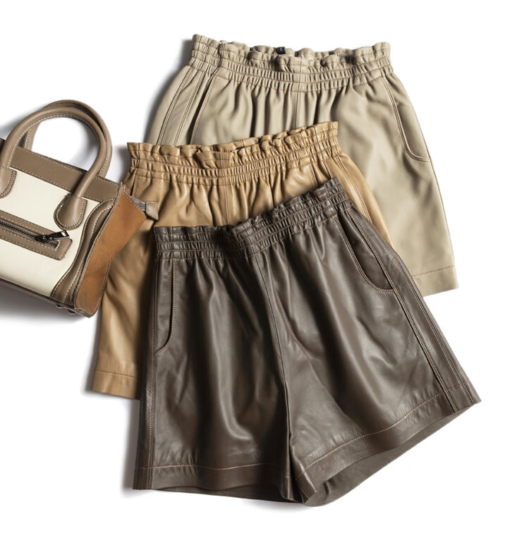 真皮短裤新款宽腿高a级小羊皮女皮裤松紧腰时尚裤子直筒裤 利休白茶色