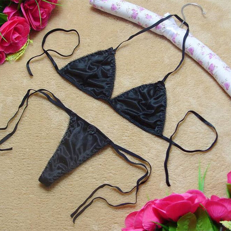 性感蕾丝镂空内衣内裤一套女挂脖绑带三点式文胸丁字内裤t裤套装阿玛