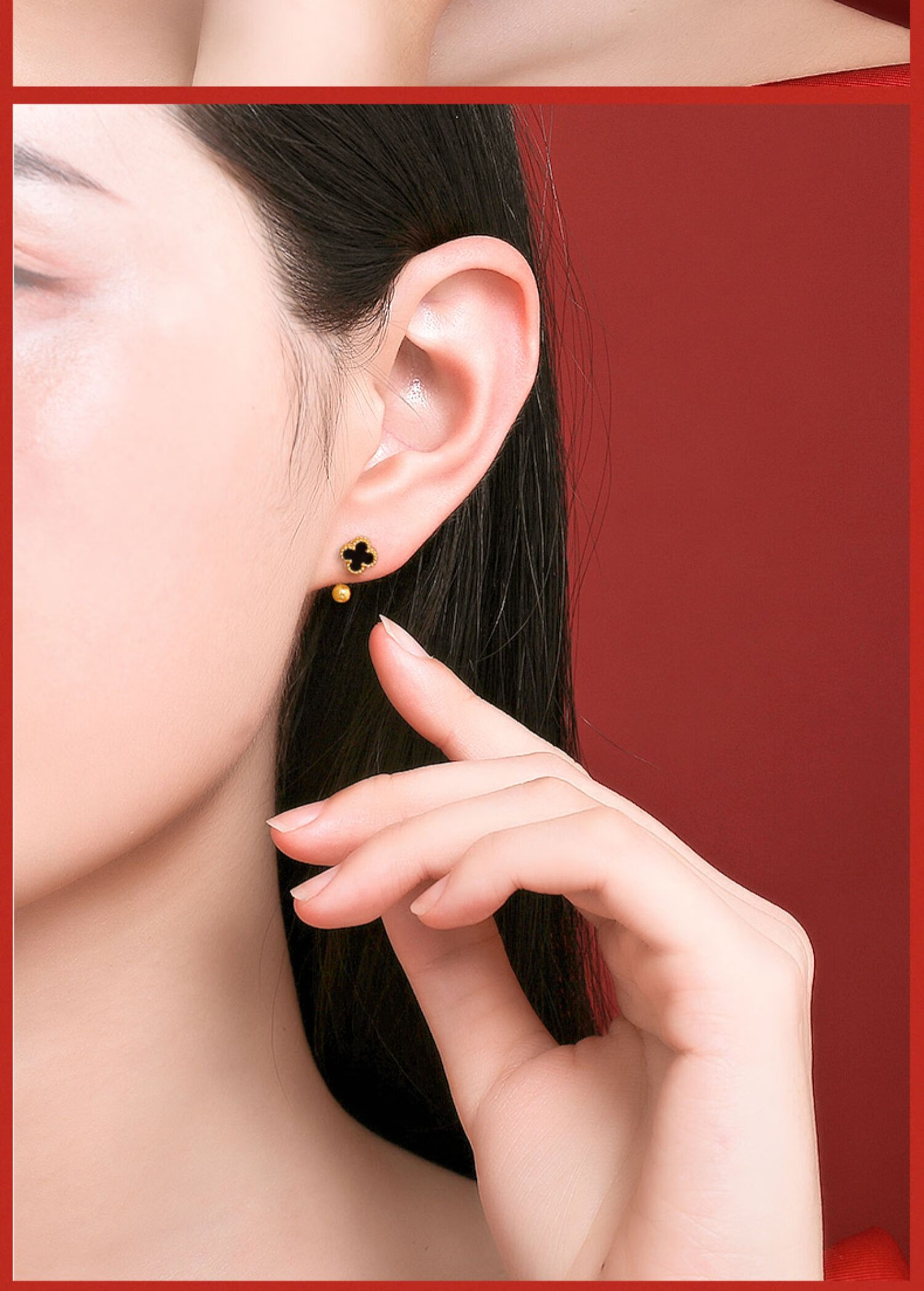 金豆豆耳钉黄金弯钩耳环女士黑色四叶草小耳坠999足金几何礼物一对