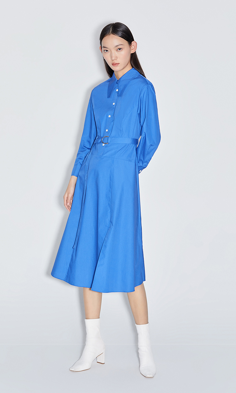 ochirly欧时力新品配腰带a字衬衫裙时尚休闲中长款连衣裙女灰色030l