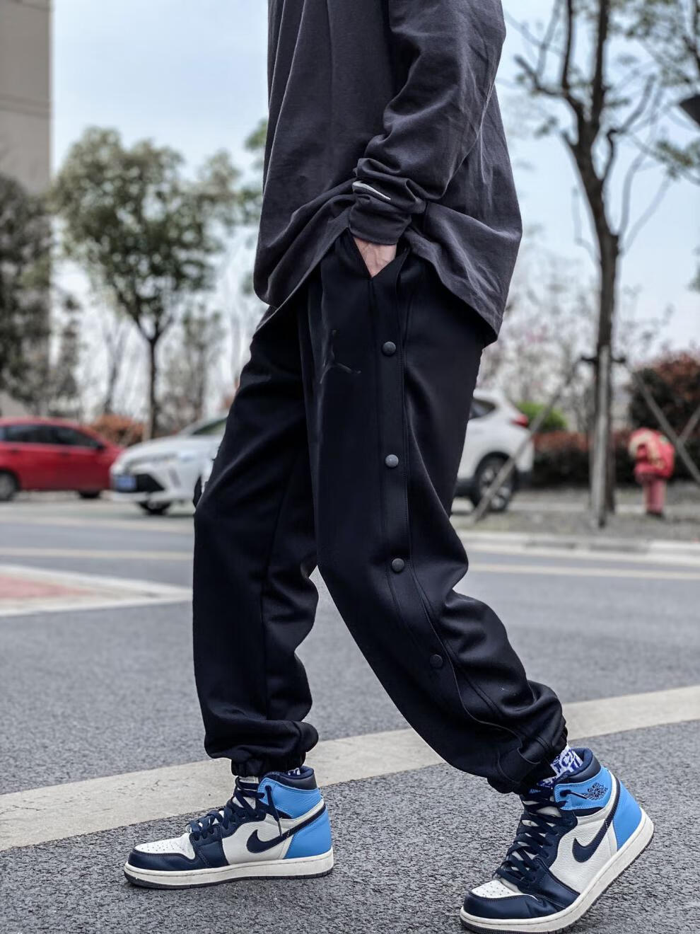 侧面排扣裤男纽扣裤子出场运动裤长裤cba篮球训练扯裤全开扣卫裤 全黑