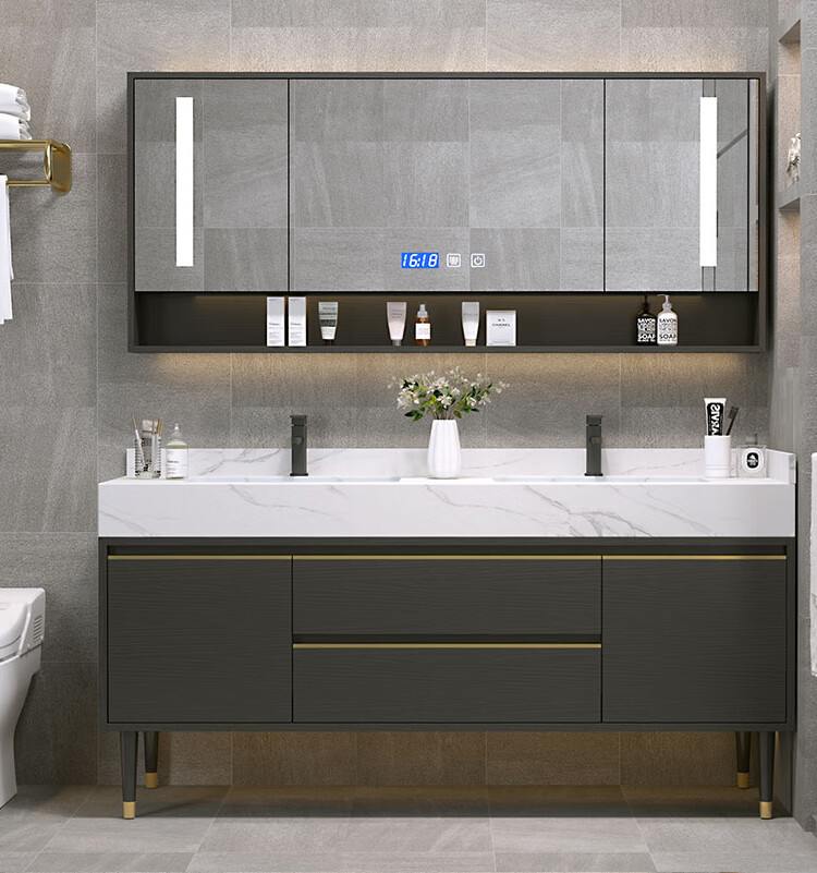 轻奢岩板双盆浴室柜组合现代简约卫浴落地卫生间洗漱台洗手洗脸盆80