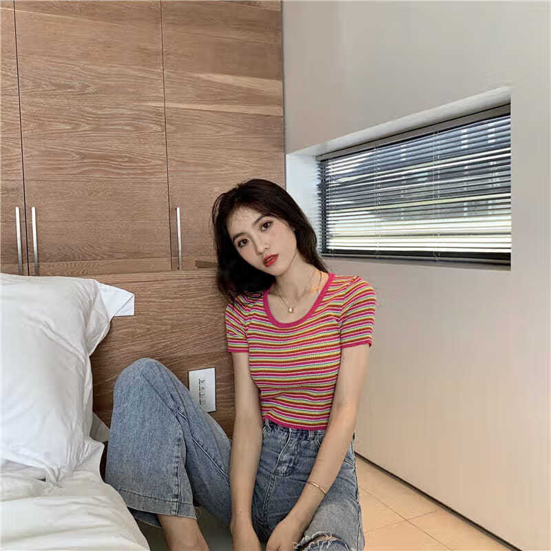 t恤女泫雅风春夏短款紧身上衣彩虹针织衫女撞色条纹短袖修身打底t恤绿