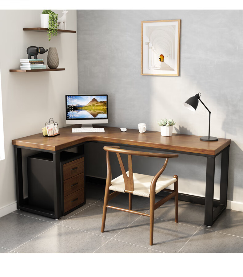 现代实木转角书桌书架组合 l型拐角台式电脑桌书桌简约墙角办公桌 单