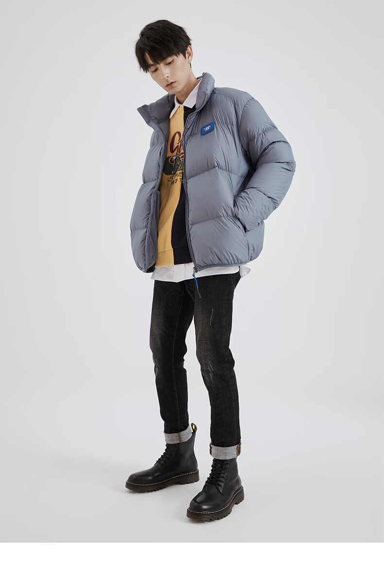 热风2020年冬季新款男士轻量面包羽绒服72黑灰xl