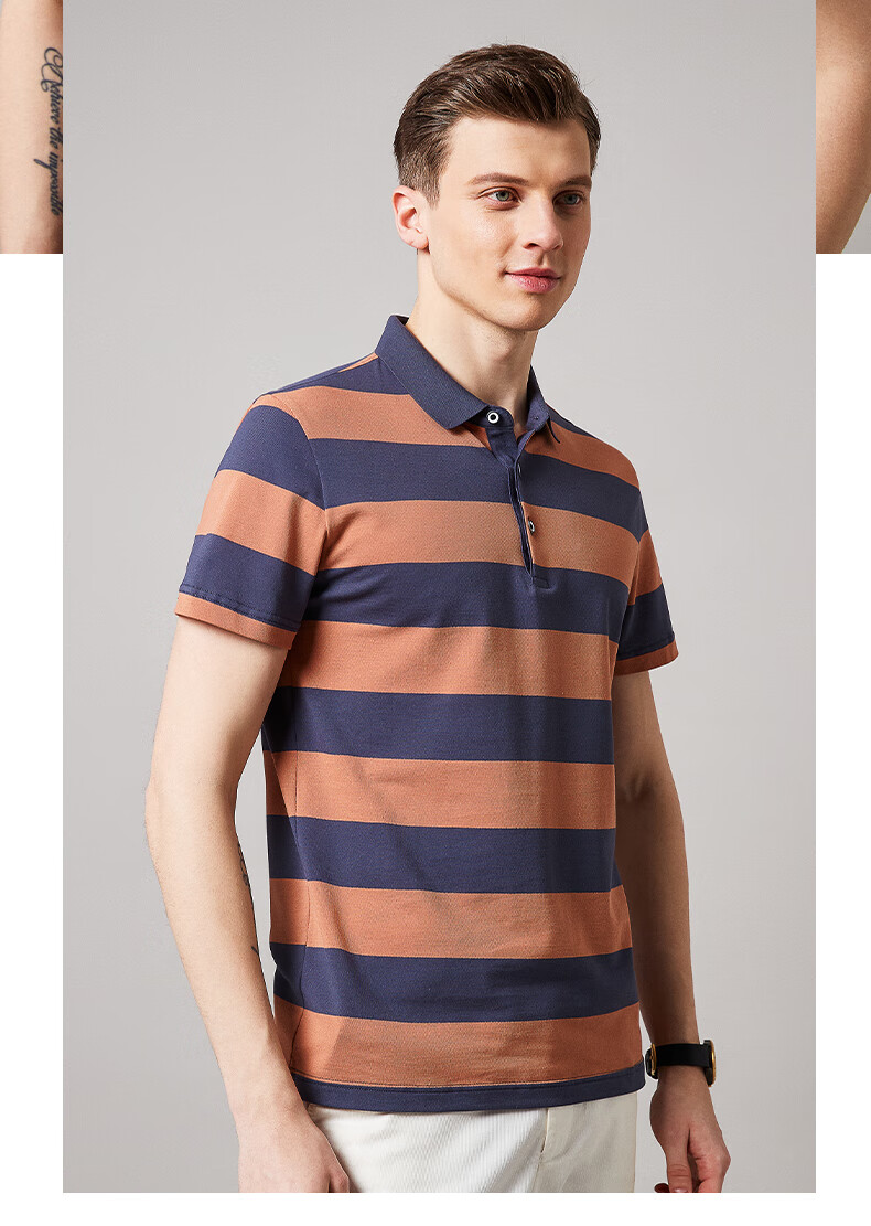 培蒙短袖t恤男夏季薄款含棉polo汗衫男士条纹打底衫青年上班聚会内搭