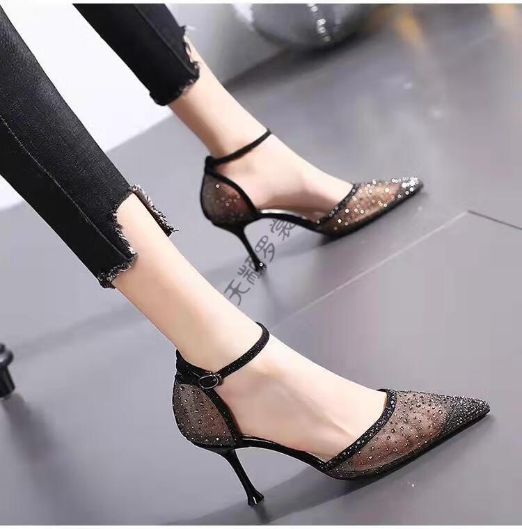 天颛高跟鞋网面细跟高跟网纱凉鞋女夏季韩版性感水钻透气中空单鞋香槟