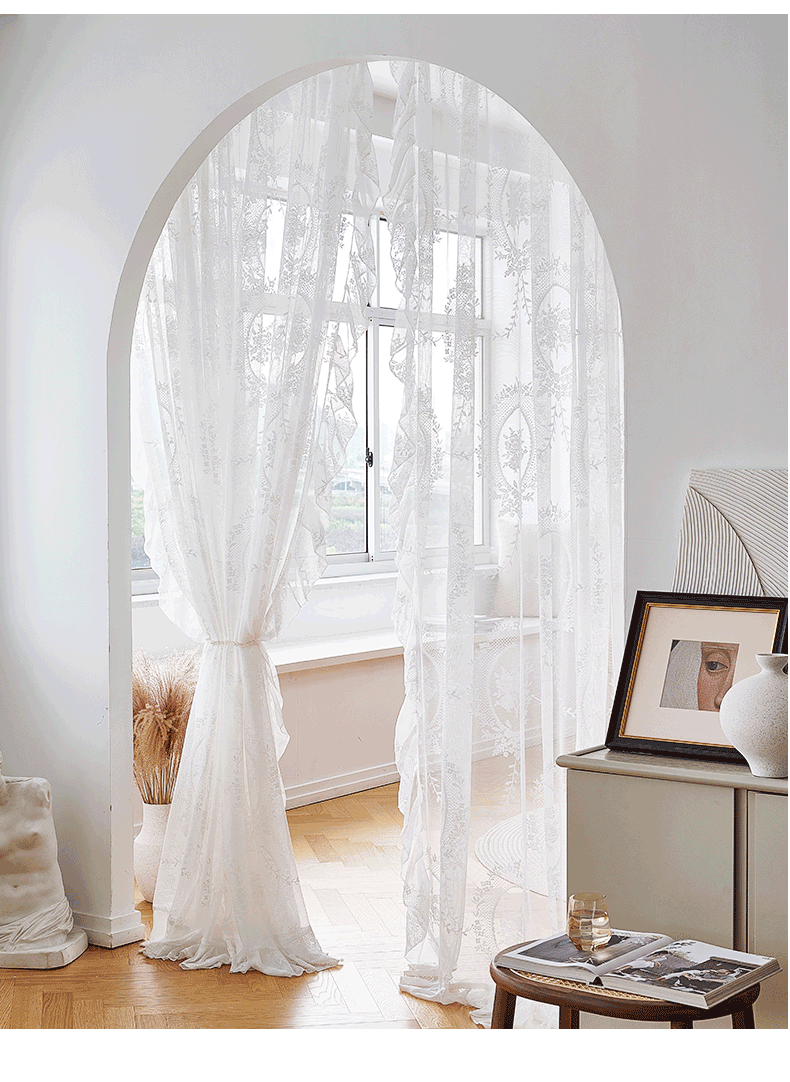 蕾丝窗帘布纱落地法式蕾丝纱帘复古洛可可阳台飘窗客厅窗帘白色落地