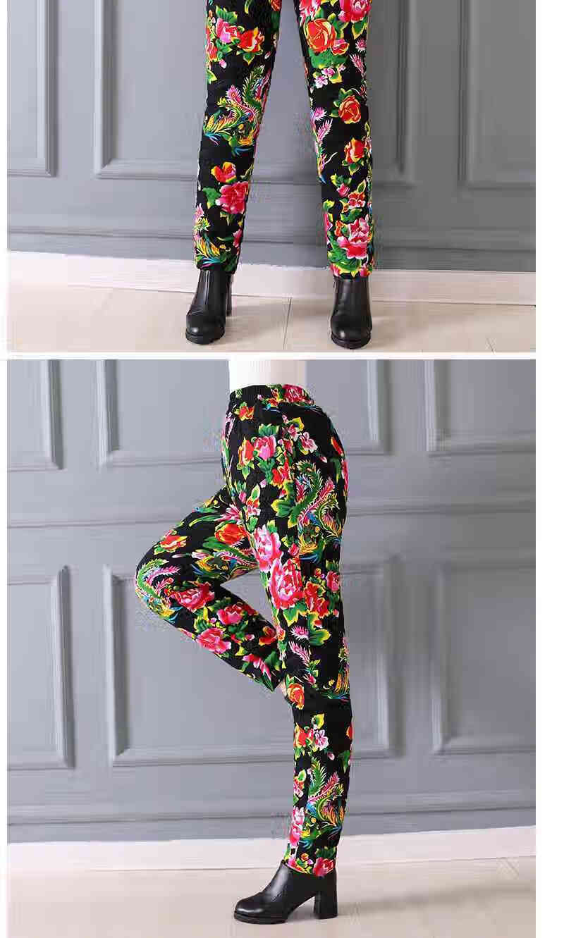 女士纯棉花手工棉裤民族风东北大花布加厚保暖内外穿高腰裤子冬季