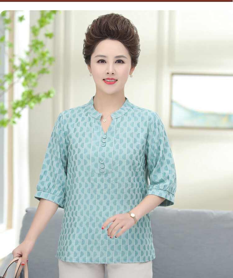 中老年人夏季女装棉麻中袖宽松妈妈夏装棉麻套装洋气上衣服40岁50中