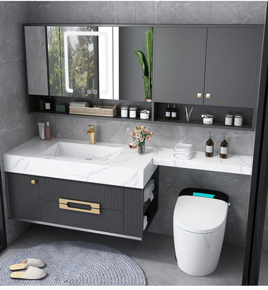 日本arte toto卫浴现代轻奢岩板一体盆实木浴室柜组合延长马桶洗脸盆