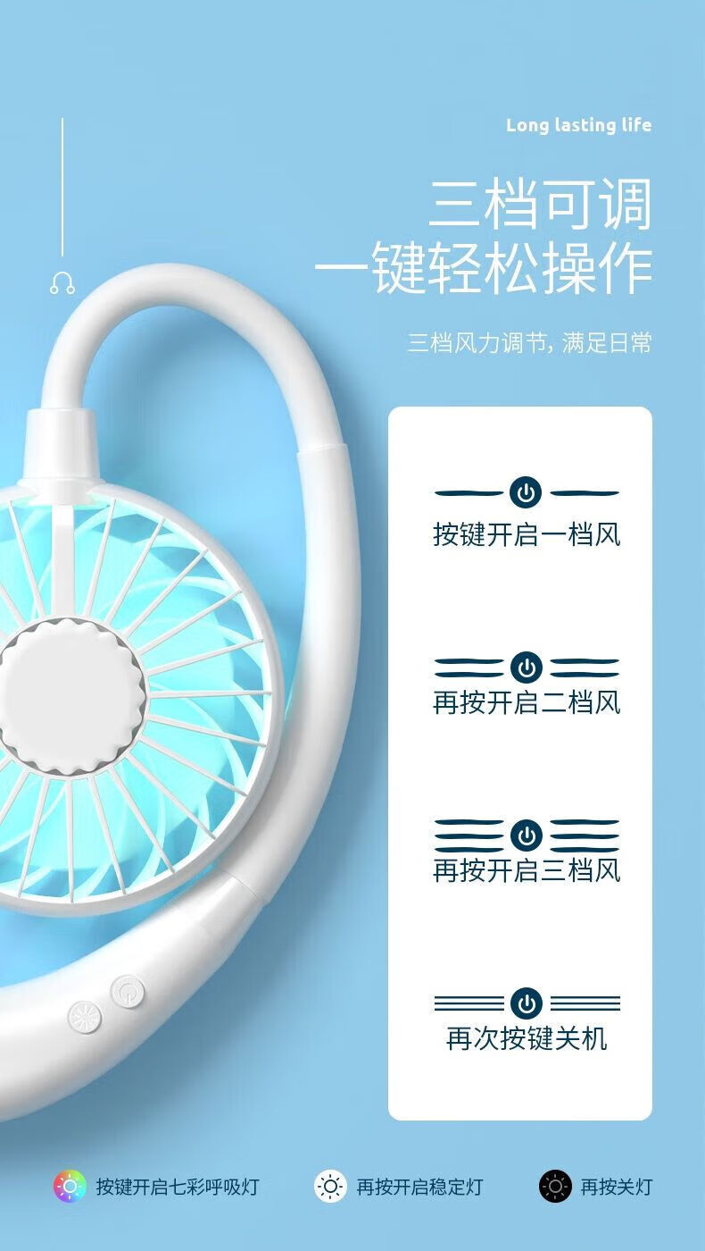 灰妮子挂脖小风扇usb便捷式学生迷你风扇可充电小电扇挂颈随身运动
