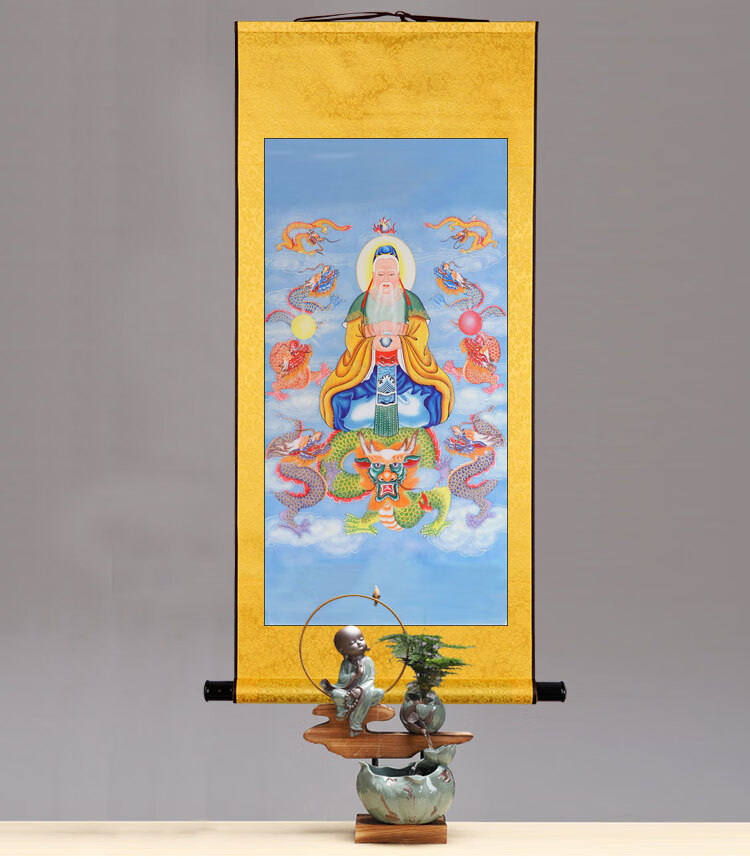 鸿钧老祖画像道家神像道场挂画装饰画丝绸卷轴挂画客厅书房挂画 蓝色