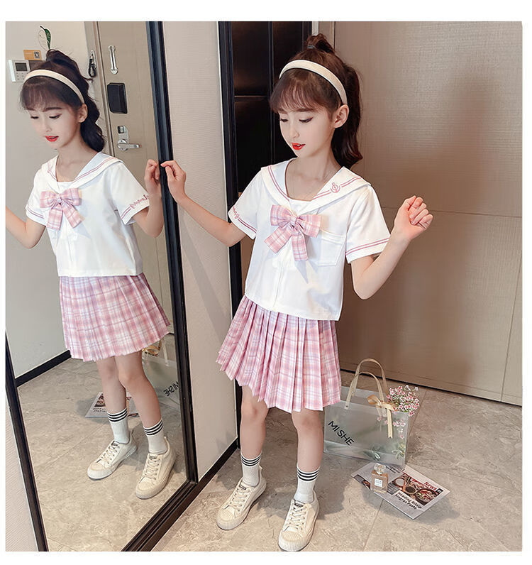 套装儿童裙子夏装薄款孩衣服12岁一15岁韩版学院风短袖两件套裙学生
