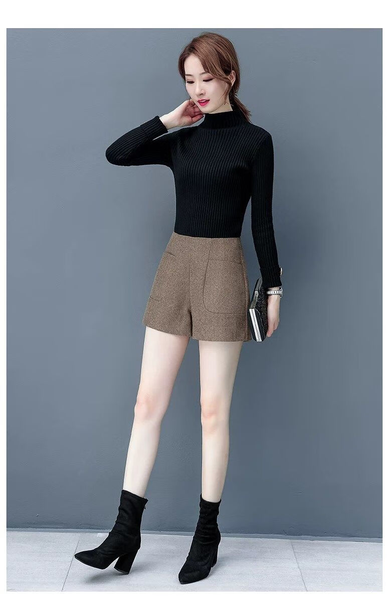 毛呢短裤女秋冬季时尚新款高腰显瘦休闲a字百搭韩版宽松外穿靴裤黑色s
