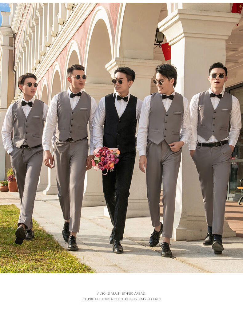 xqb国潮男装联名伴郎服西式兄弟装男结婚团服装西装男士衬衫马甲三件