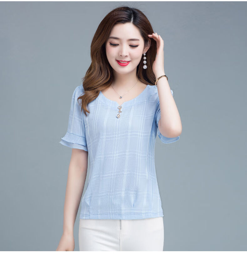 雪纺衫女2020夏季圆领荷叶袖纯色格子上衣韩版大码小个子显瘦小衫