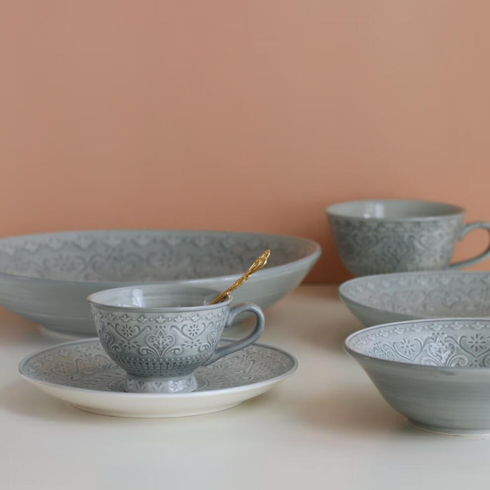 【梦田良品】出口丹麦宫廷复古立体浮雕玻璃釉陶瓷餐盘汤盘杯 小蛋托