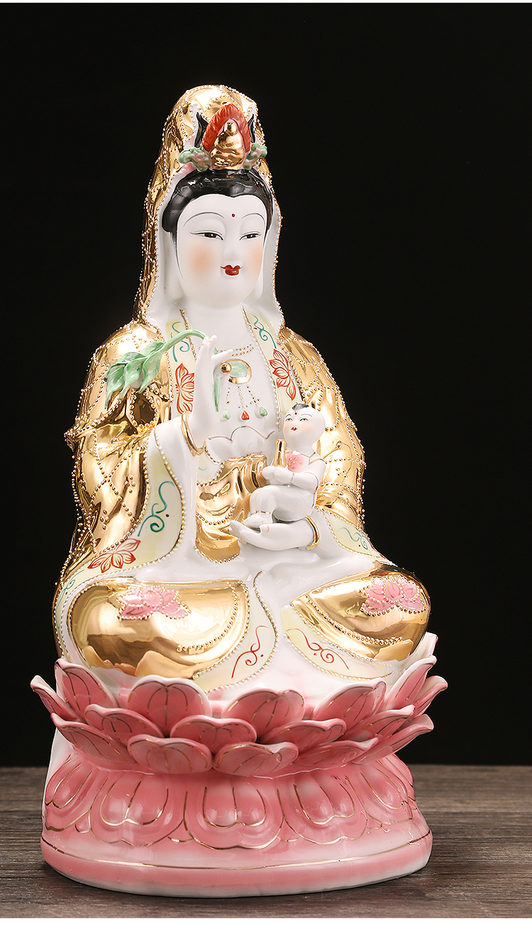 陶瓷观音像摆件 送子观音佛像供奉家用 南海观世音菩萨陶瓷佛像 红色