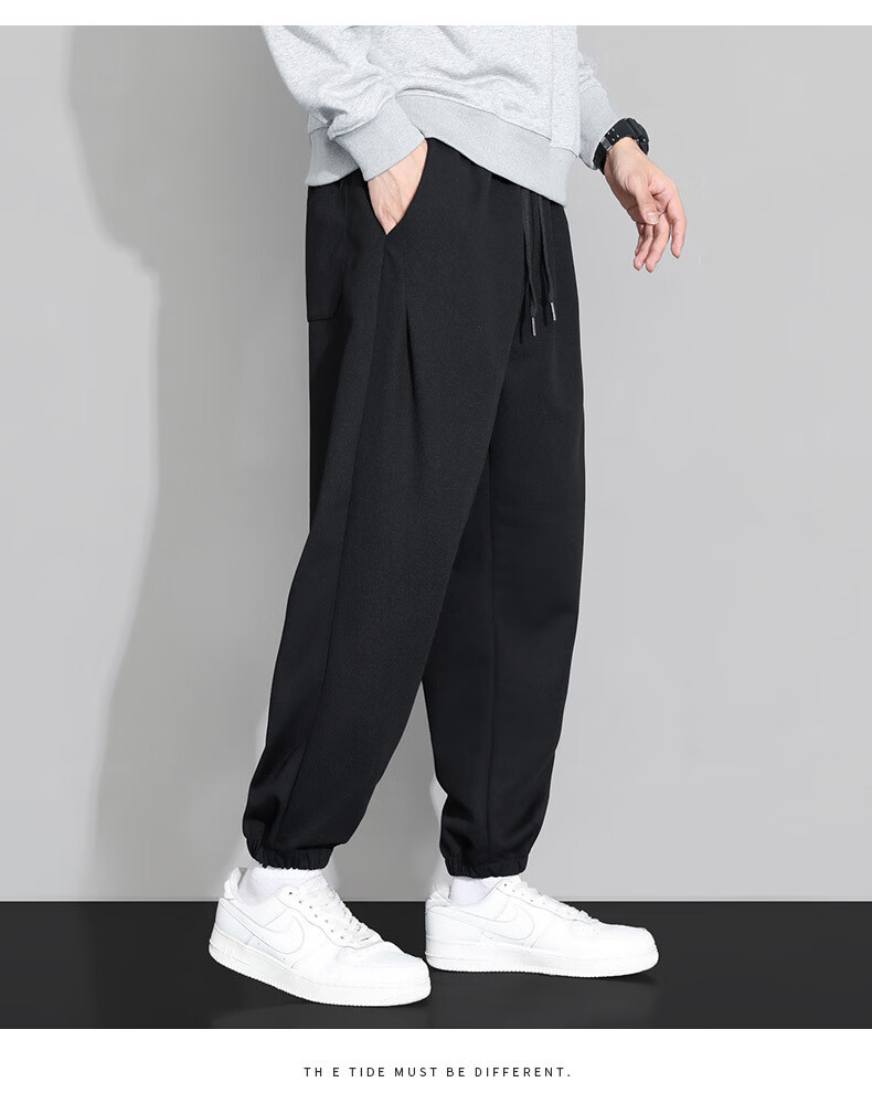 男简约抽绳夹标品质休闲裤士秋季弹力素版加厚针织裤束脚束腿裤 灰色