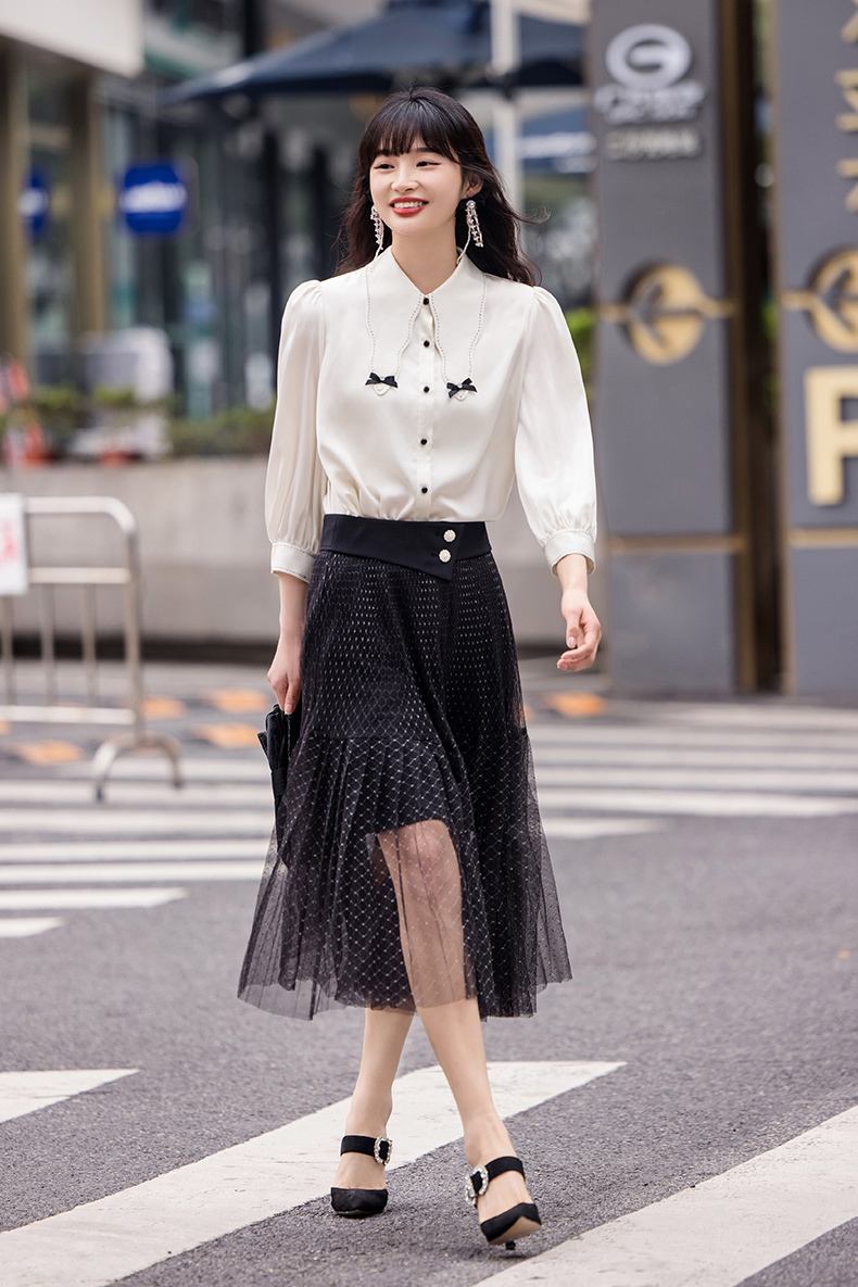 fiveplus2022新款女夏装高腰网纱半身裙女设计感气质中长裙子潮杏色