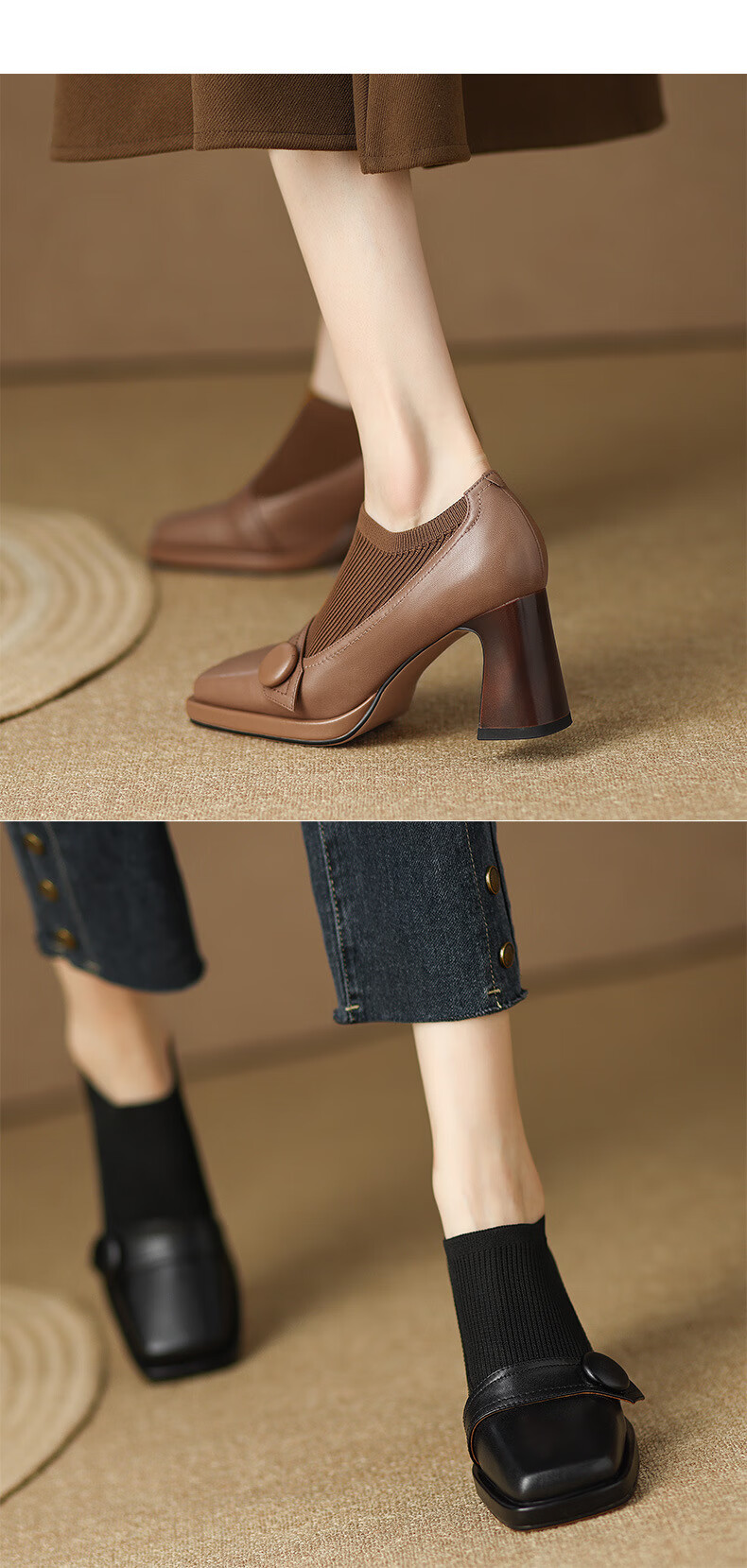 海派公牛轻奢品牌弹力毛线方口女单鞋春秋盖鞋复古英伦风方头小皮鞋粗