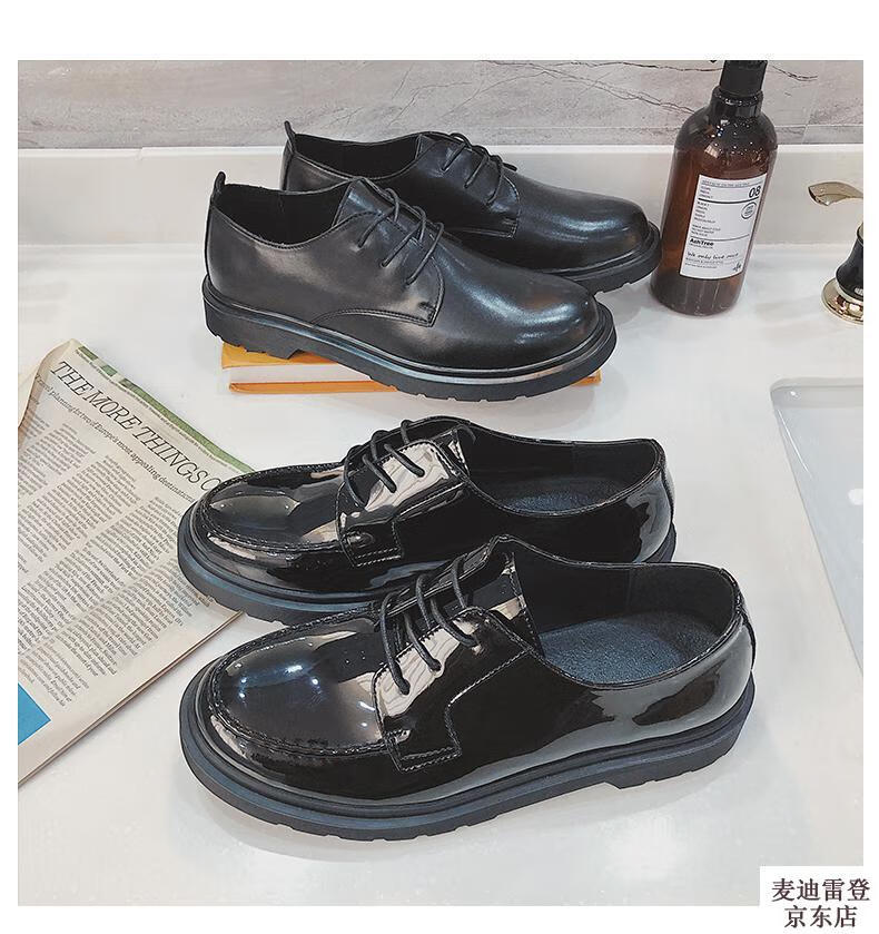 新品上市港风小皮鞋男潮流学生百搭增高圆头英伦皮鞋原宿复古哑黑色