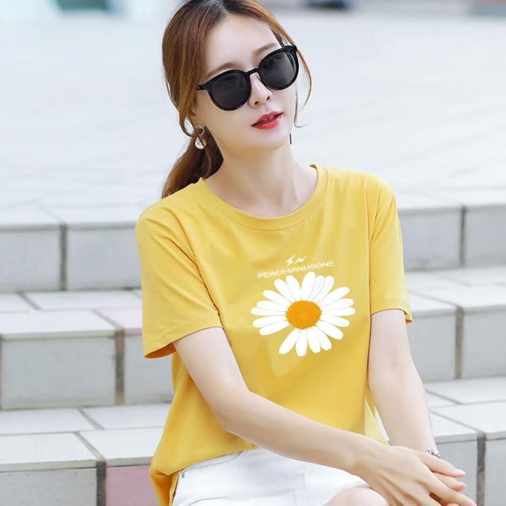 棉的2020夏季新款上衣白绿色小雏菊短袖t恤女装韩版宽松大码t 黑色